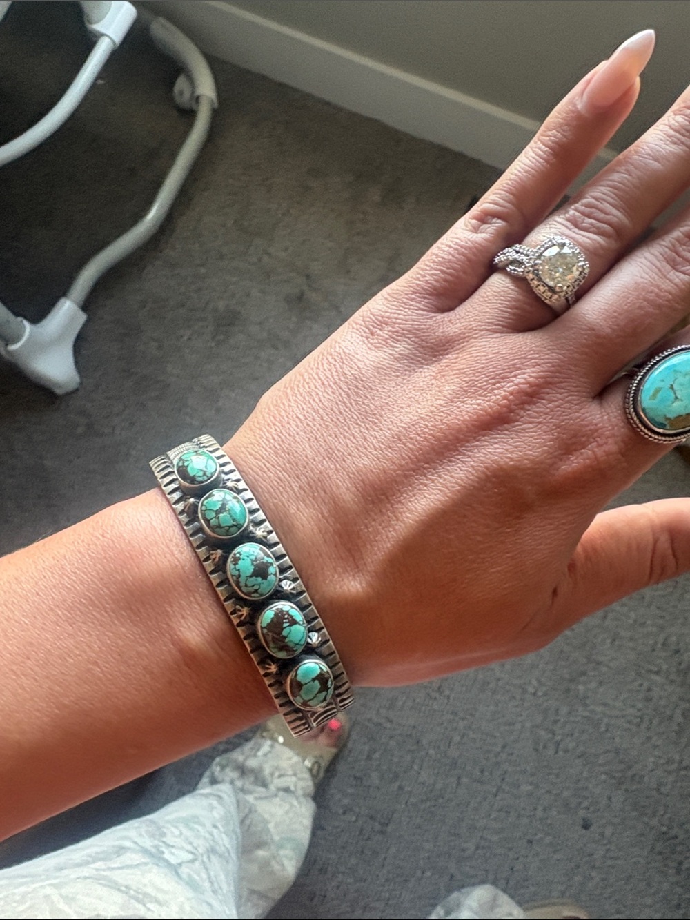 Turquoise Stone Silver Cuff Bracelet - Women Jewelry - Picture 2 of 3